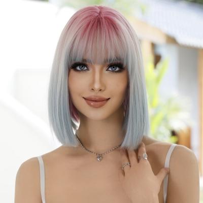 China Short Straight Pink Gradient Blue Wigs With Bangs Natural Synthetic Hair Wig For Women Daily Cosplay Lolita Party Wig for sale