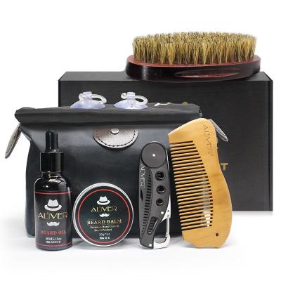 China Comfortable 7 in 1 Men's Grooming Gift Beard Training Tool with Beard Oil Balm Brush Combs Double Bib Travel Bag Beard Grooming Kit for sale