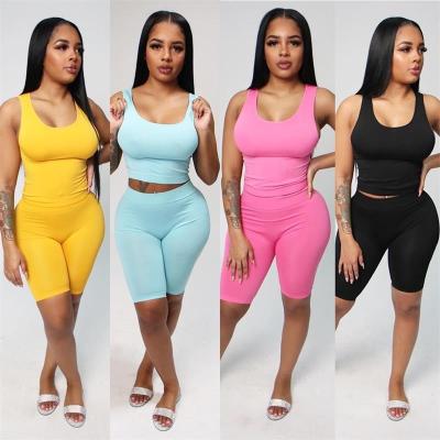 China 2022 New Arrival QUICK DRY Casual Sports Solid Color Knit Vest And Short Casual Summer 2 Piece Set Women Pants Two Piece Set for sale