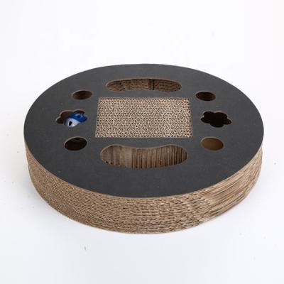 China New Pet Stocked Cat Toy Round Cat Scratcher Board Corrugated Cardboard With Bell Ball for sale