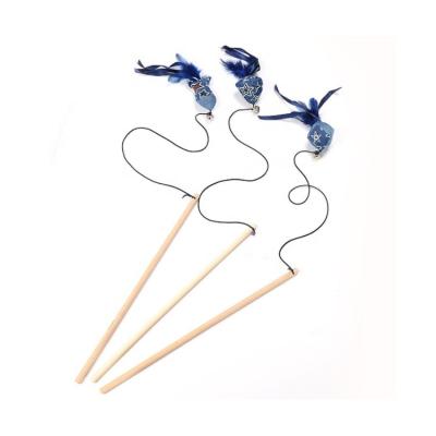 China Interactive Blue Stored Canvas Wooden Cat Wand Safe Cat Teaser Stick Toy for sale