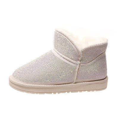 China CUSHIONING Store Women Fashion Shoes Brown Basic Furry Microfiber Tpr Outsole Flat Round Toe Buckle Stripe Glitter Snow Boots for sale