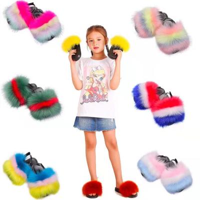 China Fashion trend faux fox wholesale ladies fluffy slippers various colors soft comfortable kids tie fur slides for sale