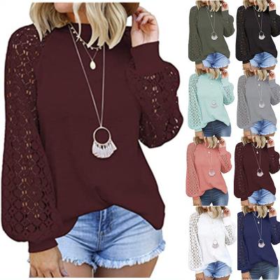 China New Style Round Neck Breathable Hot Long Sleeve Lace Loose Blouse Women for sale