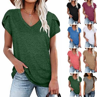 China New Summer Fashion Solid Color Petal Casual V-Neck Sleeve Short Sleeve Women's Breathable T-Shirts for sale