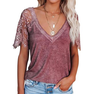 China Breathable Women's V-Neck Lace Tops Short Sleeve Elegant Casual Tops Women's Blouses for sale