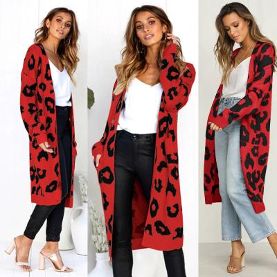 China Front Long Length Sweater Knit Leopard Print Cardigan Pocket Coat Autumn And Winter Fashion Warm Casual Open Sweater Jacket Anti-wrinkle for sale