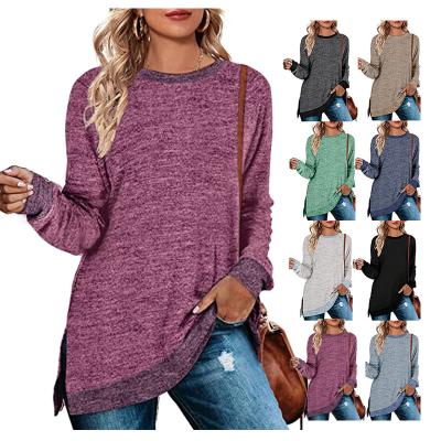 China Fashion Simple Women's Breathable Autumn Long Sleeve Side Split Loose Casual Pullover Tunic Tops Pullover Crewneck Solid Slim Sweatshirts for sale