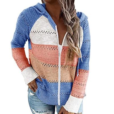 China Anti-Wrinkle Women's Color Block Hoodies Zipper Up Jacket Long Sleeve Hollow Out Sweater for sale