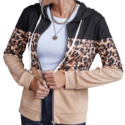 China Anti-wrinkle Autumn Winter Spring Leopard Print Patchwork Hooded Sweatshirt Coat Hoodies Loose Jacket For Women for sale