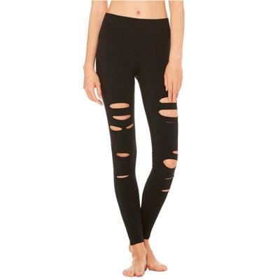 China Antibacterial Women Ripped Tummy Control Leggings High Waist Elastic Yoga Pants Cutout Workout for sale