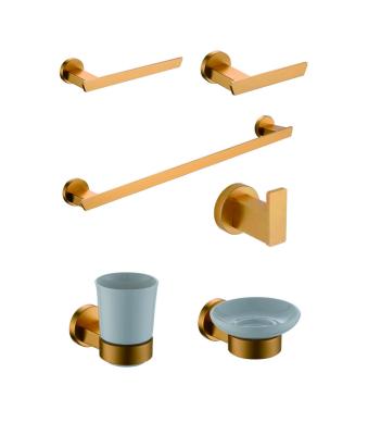 China Modern Hotel Gold Bathroom Hardware Wall Mounted Brushed Accessories Set 6 Pieces Accessories Set Bathroom Aluminum Alloy for sale