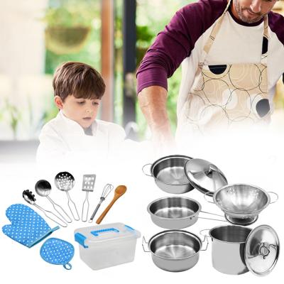 China Cooking Play Toys 2021 Stainless Steel Kids House Cookingware Toys Cookware Pots Pan Children Pretend Playset Kitchen Toys for sale