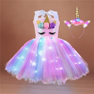 China Anti-Wrinkle Shiny Unicorn Princess Shiny Unicorn Princess TUTU Dress Kids Cartoon LED Dresses Headband Stage Party Baby Girls Dress for sale