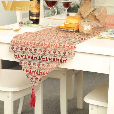 China Vlovelife 1pcs 71x14 inch Red Christmas Lace Table Runner Elk Snowflake Table Runner Christmas Party Decor Favors Polyester for sale