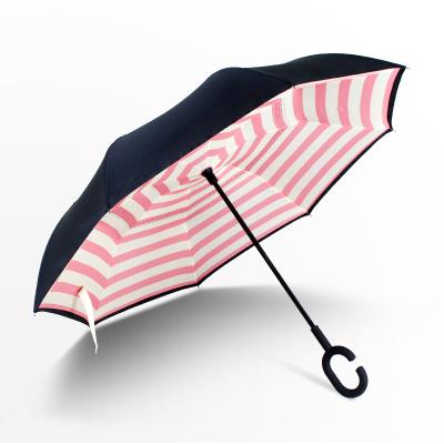 China Wholesale Minimalist Black Plastic Ergonomic Handle Double C Shape Canopy Inverted Reverse Umbrella With Navy And White Stripes Pattern for sale