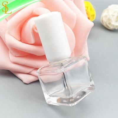 China Wholesale Cosmetic Cube Clear 7ml Nail Polish Glass Square Empty Bottle With Fancy White Round Cap And Flat Brush for sale