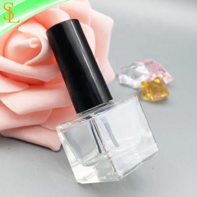 China Wholesale Clear 8ml Square Shape Cosmetic Cube Nail Polish Empty Glass Bottle With Round Black Cap And Brush for sale