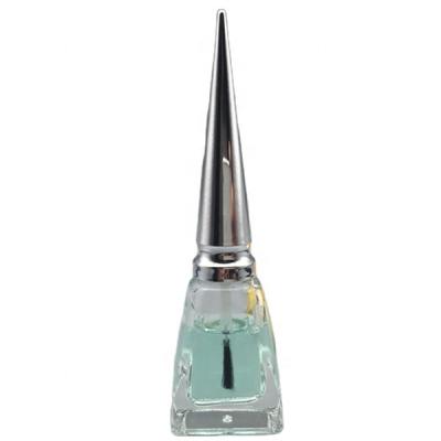 China Wholesale Custom Empty 10ml Clear Glass Nail Polish Bottle Triangle Shape Flat Cosmetic, Tall Silver Cap and Fancy Cone Brush for sale