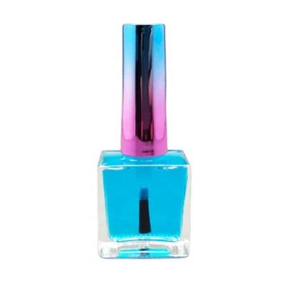 China 10ml Cosmetic Clear Glass Rectangle Empty Nail Polish Bottle With Flat Brush Nail Polish Fancy Colored Cap And Thick Hair for sale