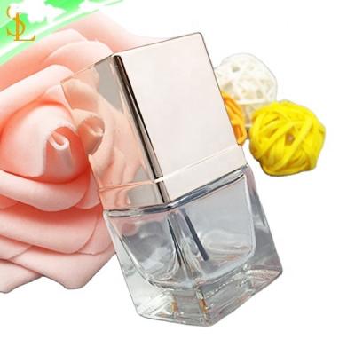 China 10ml Cosmetic Wholesale Cube Shape Empty Clear Glass Nail Polish Bottle Square, Fancy Gold Square Cap and Brush for sale