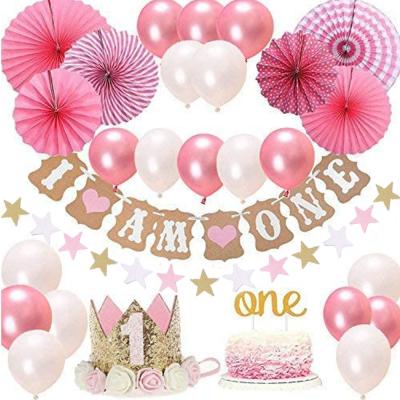 China Hot Sale Party Decoration Baby Birthday Decorations I Am A Banner Paper Fan Pink Latex Balloon For Baby Birthday Decoration for sale