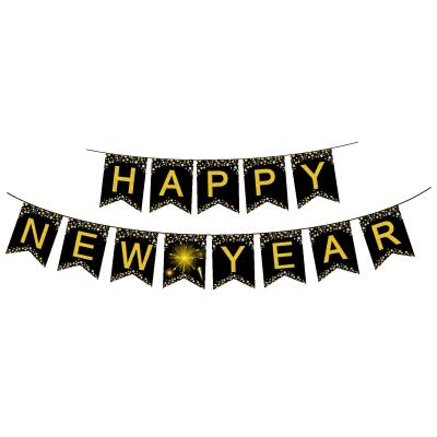 China Hot Sale Party Decoration Happy New Year Black Gold Pull Flag Banner 2021 New Year Party Banner for sale