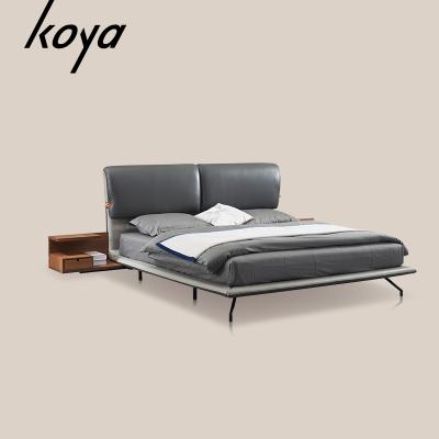 China Modern Luxury Storage Bedroom Furniture Upholstered Real Leather Italian Bed With Extended Headboard King Size Leather Bed for sale