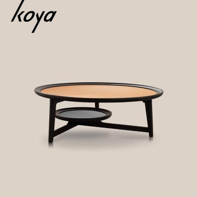 China Modern Luxury Nordic Living Room Center Table Leather Top Wood Round Coffee Table Eco-friendly Design for sale