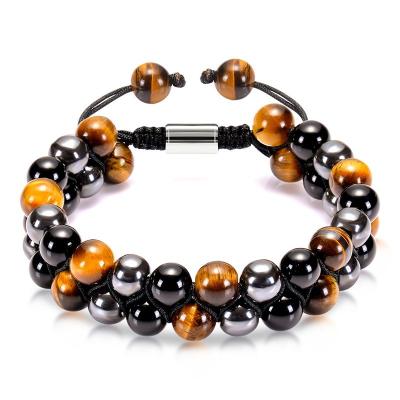 China CLASSIC Double Layer Lava Rope Nature Stone Healing Energy Tiger Eye Hematite Bracelet Adjustable Men Bracelet Handmade Jewelry for sale