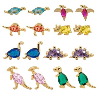 China Designer CLASSIC Gold Plated Color Preserving Animal Earrings Crystal Small Dinosaur Stud Earrings Women Cartoon Colorful for sale