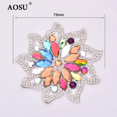 China Wholesale 75mm Flatback AOSU Mix Color Hotfix Patterns Crystals Iron On Rhinestone Flower Patches Rhinestone Glass Patches For Dress for sale