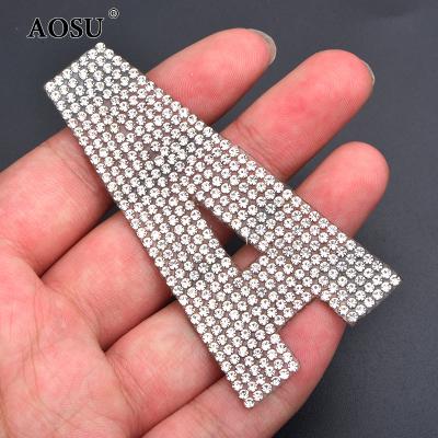 China Glass Letter Patch AOSU Wholesale 70mm Clear Crystals Iron On Letter Rhinestone Patch Transfer Rhinestone Applique For Dress for sale