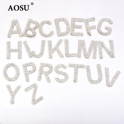 China Hot Wholesale 70mm Clear Letter Patch AOSU Fix Patches Iron On Crystal Strass Transfer Letter Rhinestone Patch For Clothes for sale