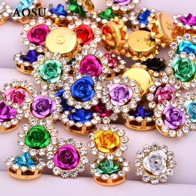 China Wholesale 10mm Glass Rhinestone Flower Sewing Aluminum Rhinestones Crystal Stone Applique Gold Claw Flatback AOSU For Dress Sewing for sale