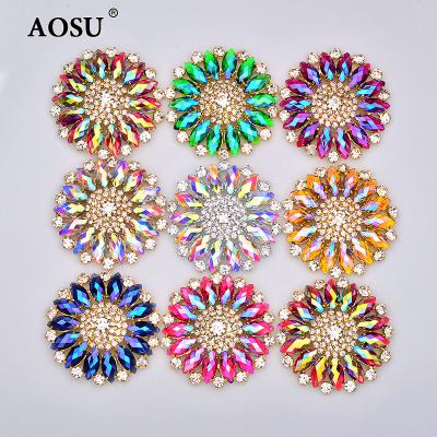 China Flower Strass AOSU Flatback Wholesale Rhinestone Applique Flower Sewing Rhinestones Rose ab Diamond Strass Glass Crystal Stone Gold 50mm For DIY for sale