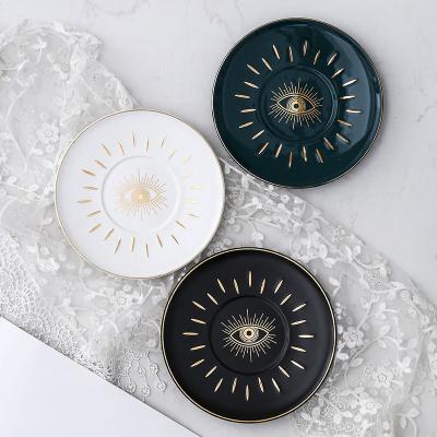 China Viable Custom Devil's Eye Pattern Ceramic Dish Dinner Plate Dessert Tray Tray Jewelry Box Turkey Eye Jewelry Storage Evil Eye Dish for sale