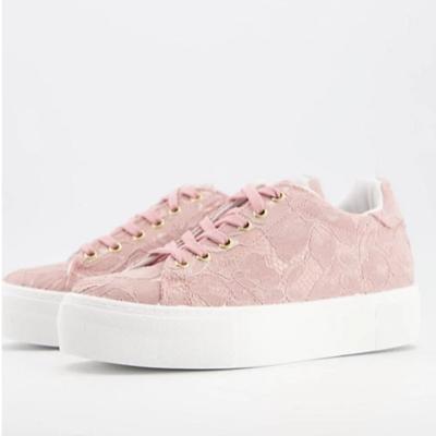 China Pink Causal Fabric Lace Up Jacquard Fashion Trend Women Sneakers Shoes Flat Causal Sneakers Shoes for sale