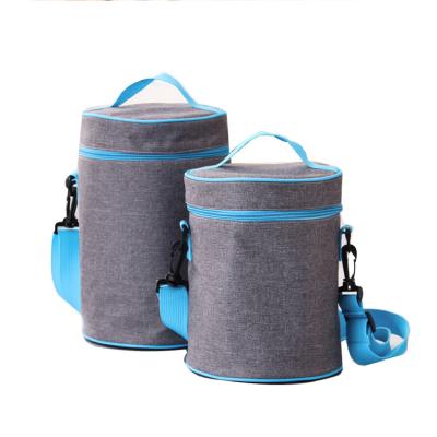 China New Design Processed Reusable Round Shape Bottle Polyester Cotton Reusable Custom Organic Canvas Cooler Thermal Bag With Strap for sale