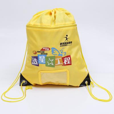 China High quality custom made utility transparent PVC window drawstring bag polyester rope handle backpack for kids for sale