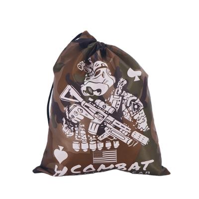 China Promotional Black Color Camou Rope Handle Custom Logo Printed Polyester Nylon Small Drawstring Bag for sale