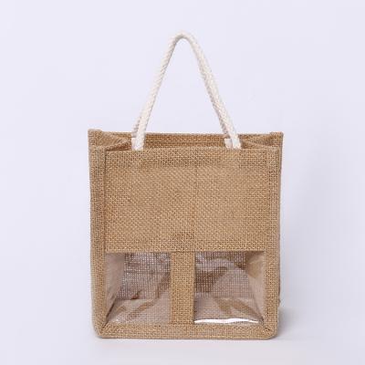 China High Quality Recycled Custom Handled Wine Bag PVC Clear Window Hessian Burlap Gift Bags for sale