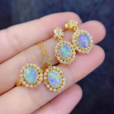 China Popular Gold Plated Opal Jewelry Set Ring Earring Necklace Jewelry Set for sale