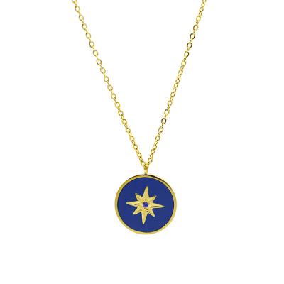 China FASHIONABLE Blue Enamel Ocean Eight-pointed Star Round Pendant Necklace Stainless Steel 18K Gold Plated for sale