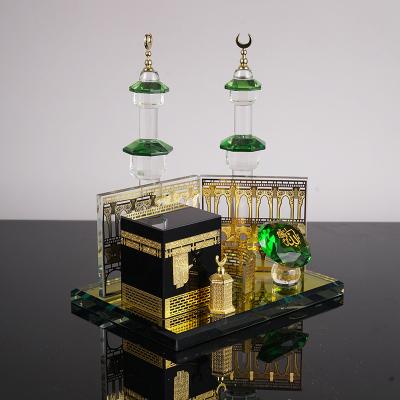 China Islamic Custom Design Islamic Crystal Makkah Clock Tower With Kaaba With Green Diamond Islamic Ramadan Gifts for sale