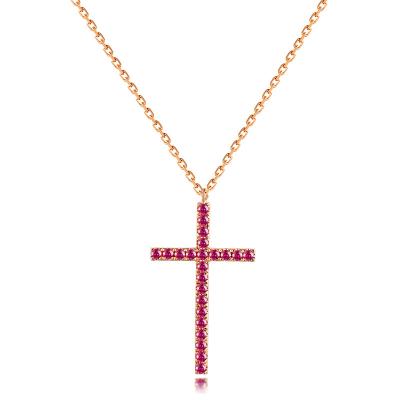 China Real 18K Rose Gold Natural Ruby Cross Solid Romantic Adjustable Necklace Chain Pendant Necklaces For Women for sale