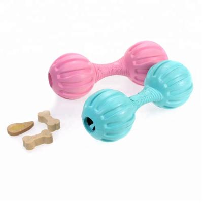 China New Viable Pet Toy Rubber Treat Dumbbell With Squeaker Dog Toys Free Samples for sale