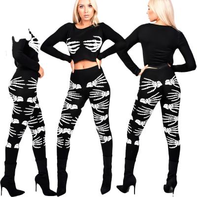 China 2021 QUICK DRY NEW Skeleton Print Crop Top And High Waist Halloween Pants Set for sale