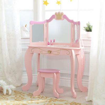 China Professional Glass Garden Furniture Foldable Dresser Vanity Girls Toy Make Up Mirror Dressing Table With Chair for sale