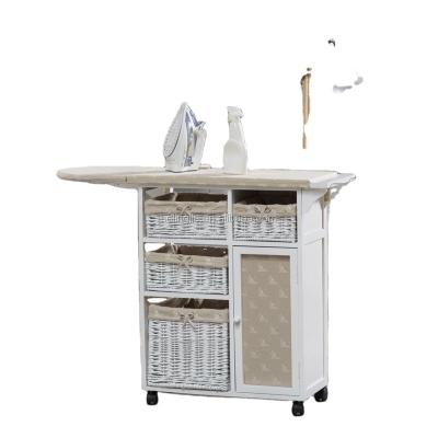 China Space Saving Home Furniture Foldable Ironing Board Wooden Ironing Cabinet With Wicker Drawer for sale